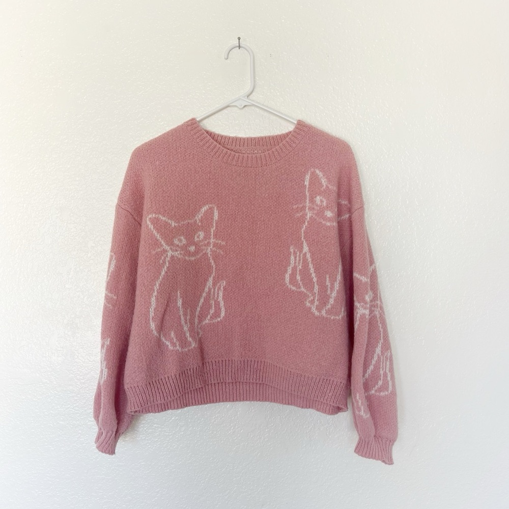 Pink Cat Sweater Kitten Line Drawing Sketch Outline Pullover Jumper Top Pastel
